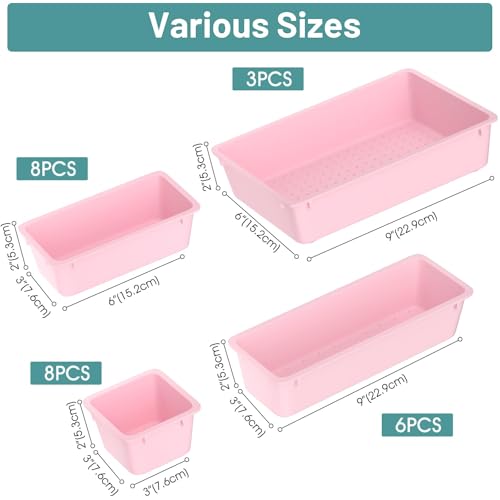 WOWBOX 25 PCS Plastic Drawer Organizer Set, 4 Sizes Desk Drawer Divider Organizers and Storage Bins for Makeup, Jewelry, Gadgets for Kitchen, Bedroom, Bathroom, Office, Pink - color: Pink