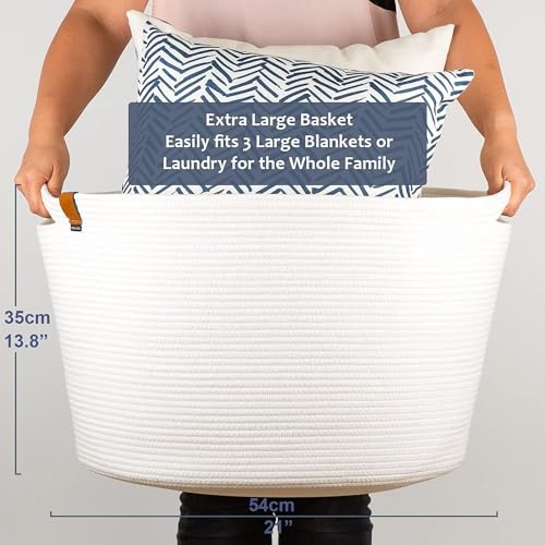 DENJA & CO Extra Large Blanket Basket for Living Room - White Farmhouse Woven Baskets for Storage | Cotton Rope Large Baskets for Blankets, Pillows, Toys, or Laundry | Ivory White (21" Wide x 13.8" Tall) - color: Ivory, size: Extra Large (21"W x 13.8"H)