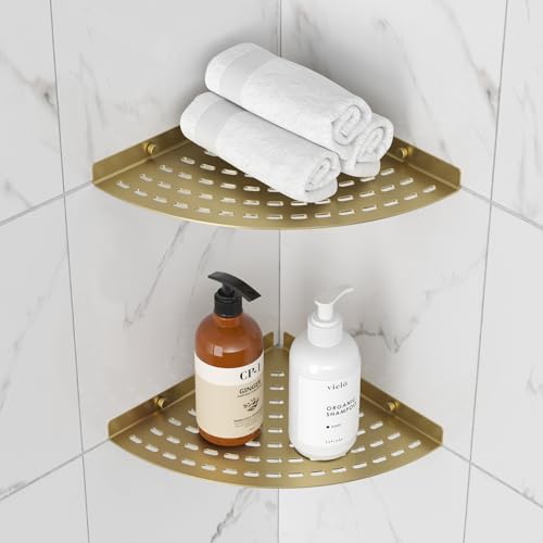 2 Pack Corner Shower Shelves 304 Stainless Steel Shower Corner Shelf Brushed Gold Bathroom 8 in Prevent Rust Drilling Installation - color: Brushed Gold