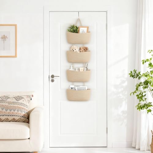 Dahey Over The Door Hanging Basket 4-Tier Woven Boho Wall Mounted Storage Organizer with Hooks for Bedroom Nursery Bathroom Apartments Dorm Pantry Decor, Jute - color: Jute, size: 4-Tier