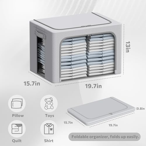 CYhom 3Pack Frame Storage Box - Clothes Storage Bin Bags Oxford Fabric Foldable Stackable Container Organizer Set with Clear Window & Carry Handles Large Capacity (Grey, Large-66L) - color: Grey, size: Large-66L