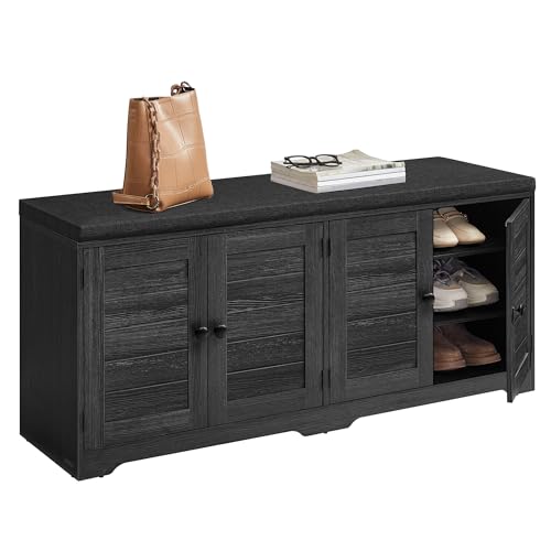 VASAGLE Shoe Storage Bench with Cushion, 3-Tier Entryway Bench with Padded Seat, Doors, Adjustable Shelves, 14 x 47.6 x 20.7 Inches, for Hallway, Bedroom, Charcoal Gray and Ink Black ULSB048BA01 - color: Charcoal Gray + Ink Black, size: 14"D x 47.6"W x 20