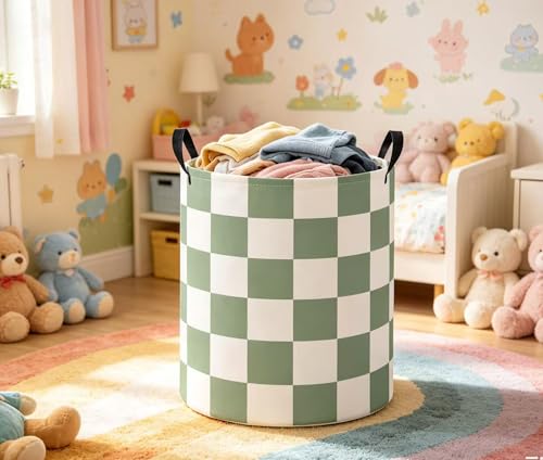 Baby Laundry Basket Baby Nursery Hamper Kids Laundry Basket Toy Storage Bin for Boys Room Decor Gift Baskets for Bedroom Bathroom(Green Checkered) - color: Green Checkered