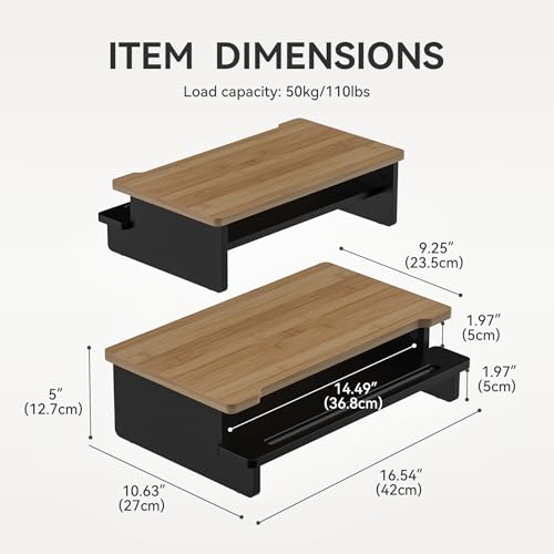 Computer Monitor Stand Riser, 16.5 Inch Wood Desk Shelf Storage Organizer with Phone Tablet Holder, Black & Dark Bamboo - color: Black & Dark Bamboo, size: 16.5 inch