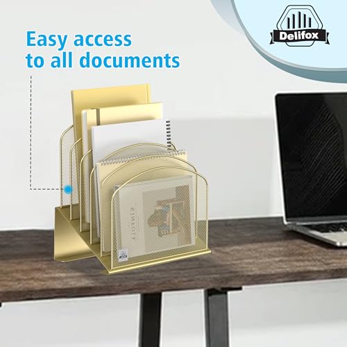 Delifox Inclined Desk File Organizer,Vertical File Folder Holder Stand Metal Rack File Sorter for Office Classroom Desktop Organization - color: Gold, size: 1Pack