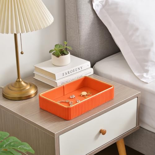 PU Leather Valet Tray,Desk Organizer Tray Nightstand Organizer Trinket Dish Storage Key Bowl Decorative Trays for Phone Wallet Jewelry Watch Bathroom Bedroom Perfume Vanity Trays,Orange - color: Orange