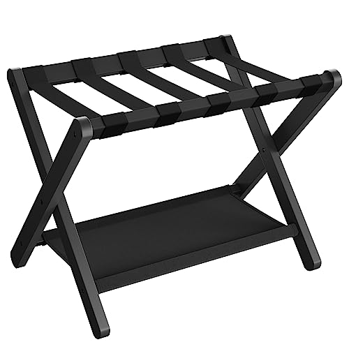 SONGMICS Luggage Rack, Folding Suitcase Stand with Storage Shelf, for Guest Room, Hotel, Bedroom, Heavy-Duty, Holds up to 131 lb, Classic Black URLR007B01 - color: Classic Black, size: 1 Pack