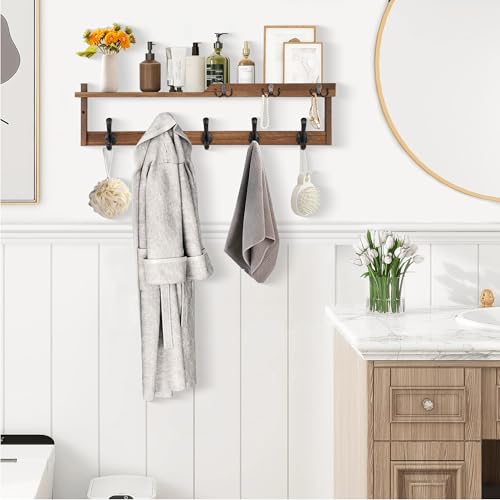 29'' Coat Rack Wall Mount with Shelf, Coat Hanger Wall Mount with Key Hooks and Mail Holder, Wood Entryway Floating Shelf with Hooks and Storage, Hat Rack for Wall Key Holder Mail Organizer - color: Brown, size: 29 Inch Long