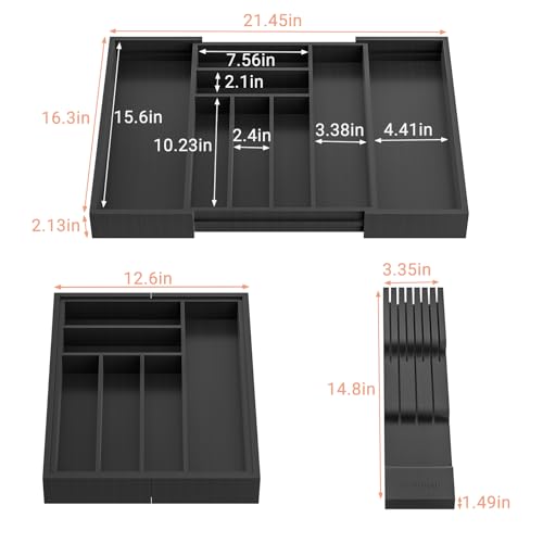 TIOPGHAD Bamboo-Silverware-Drawer-Organizer-Kitchen, Expandable Utensil Holder Cutlery Tray Flatware Organization Adjustable Wood Tableware Dividers Storage (with Removable Knife Block)(Black) - color: Black, size: Large