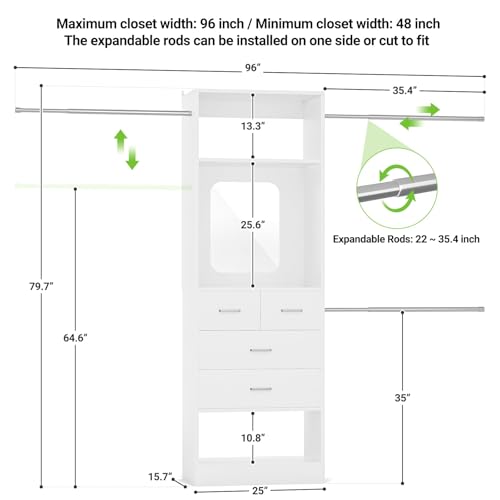 Unikito 48" W - 96” W Closet Organizer, 8FT Walk in Closet Systems Starter Kit with 25” Tower and 3 Extendable Hanging Rods, Sturdy Wood Garment Rack with 4 Drawers and Mirror, Max Load 1000 LBS White - color: White