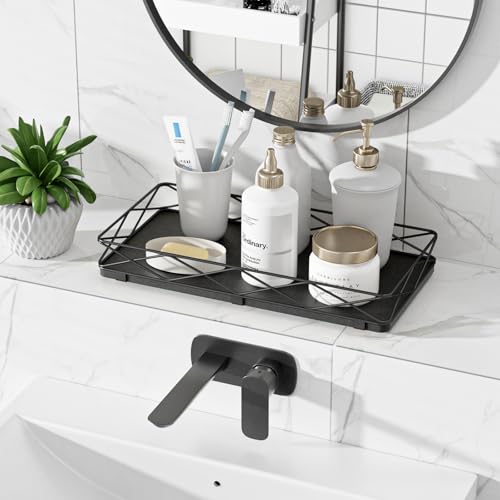Lixple Toilet Paper Basket Holder, 13" Toilet Tank Tray, Wood and Metal Toilet Tray Vanity Organizer Bathroom Tray, Kitchen Sink Organizer for Soap Dispenser (Black) - color: Black