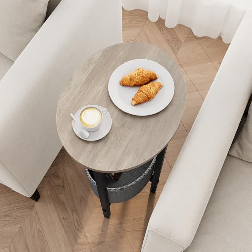Vagusicc Round Side Table End Table with Storage Basket, Small Side Table Round Nightstand for Small Spaces, Tall Oval End Table with Steel Frame, Coffee Bedside Table for Living Room Bedroom, Greige - color: Greige