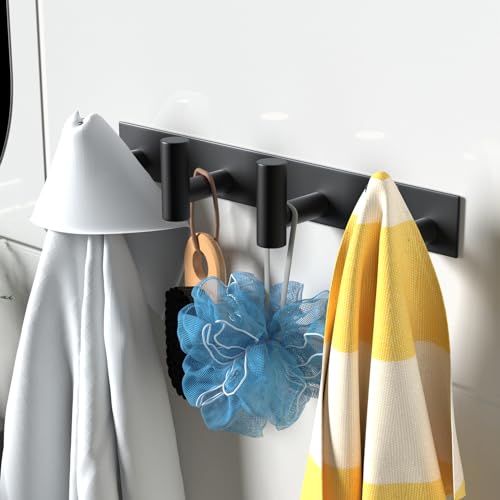 VAEHOLD 2PACK Hat and Coat Wall Mount Rack - 4 Hooks for Robes, Bags, Keys, and Towels - Bathroom Towel Hanger Organizer -Black - color: Black, size: “T“ Shape 4 Hooks 2 Pack