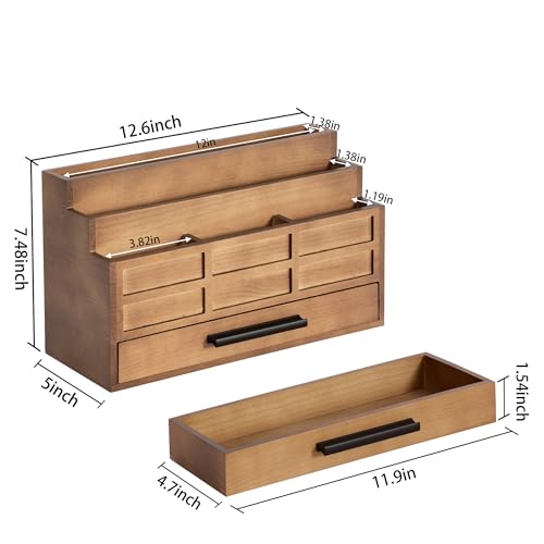 dreampossible Brown Wood Desk Organizer and Accessories with Drawer, Bill Mail Organizer and File Mail Holder for Office Supplies, Rustic Desk Accessories & Workspace Organizers - color: Brown B