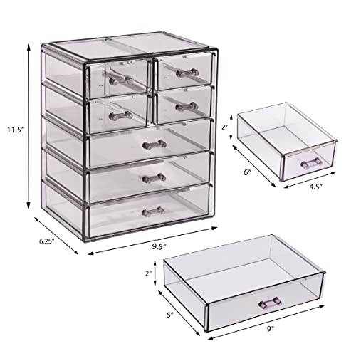 Sorbus Acrylic Makeup Organizer Set, 7-Drawer Vanity & Countertop Cosmetic Storage with Small & Wide Drawers, Purple Makeup Storage for Brushes, Lipsticks, Jewelry – Holiday Gift for Women & Teens - color: Purple, style: 3 Large, 4 Small Drawers
