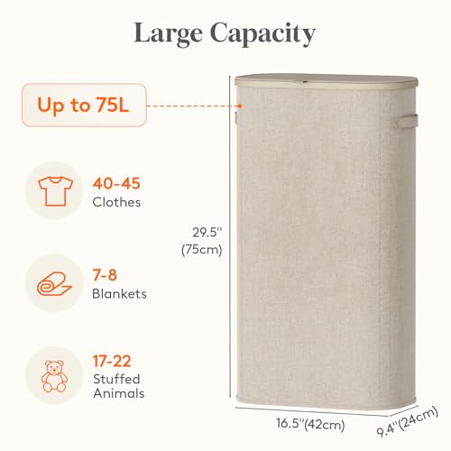 Lifewit Slim Laundry Basket with Lid, Narrow Large Laundry Hamper with Plastic Handles and Removable Bag, Tall Foldable Dirty Clothes Hampers for Laundry Room, Bedroom, Bathroom, Dorm, 75L Beige - color: Beige, size: 75L