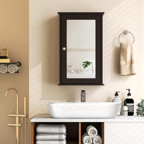 Tangkula Bathroom Medicine Cabinet with Mirror, Wall Mounted Single Mirror Door Storage Cabinet w/Adjustable Shelf, Wall Cabinet w/Reversible Door for Bathroom Living Room Hallway (Brown) - color: Brown