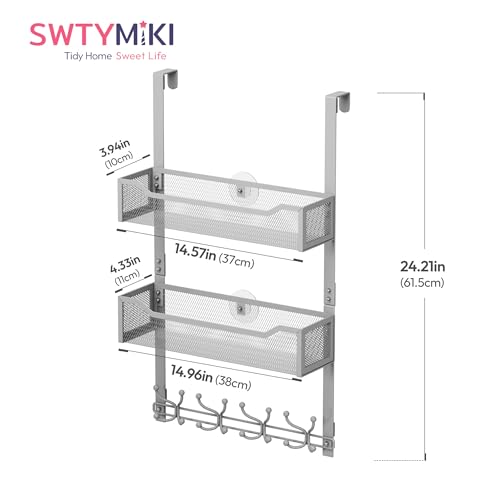 SWTYMIKI Over The Door Hooks Organizer - Multi-Functional Door Hanger with 16 Hooks & 2 Mesh Baskets, Long Coat Rack for Bathroom, Bedroom, Living Room, Home Storage Organizer, Gray - color: Gray