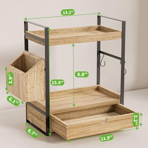 2-Tier Bathroom Counter Organizer with Drawer and Basket, Wood Countertop Organizer for Storage, Skincare Organizers for Vanity, Counter Shelf for Bathroom Organization - color: Light Brown