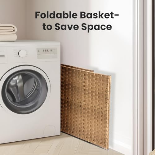 90L Laundry Hamper with Lid, Hand-Woven Pp Rattan Laundry Basket with Compartments & Handles, Removable Liner Bags,Foldable, Narrow Dirty Clothes Basket, Yellow - color: 90L-Yellow