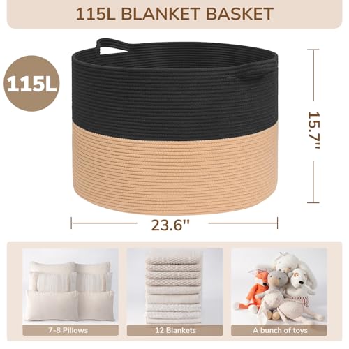 INDRESSME 115L Extra Large Cotton Rope Blanket Basket for Nursery, Boho Decor Baby Laundry Baskets for Kids Toy Organizer Storage Bin for Dirty Clothes Pillows Towel, Black & Camel - color: Black & Camel, size: 23.6"D x 15.7"H