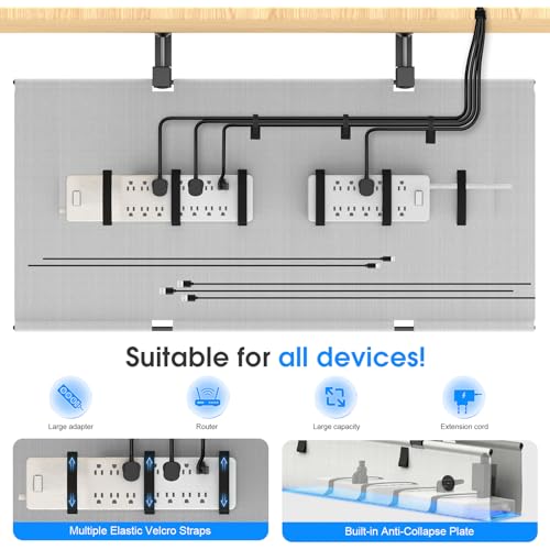 Under Desk Cable Management Tray, 40-inch No-Drill Cord Organizer with Anti-Sag Reinforced Base, Fabric Wire Management Hider for Standing Desk, Office & Gaming Accessories - Grey - color: Grey, size: 40 inch
