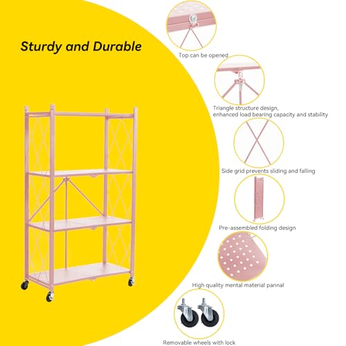BRIAN & DANY 4-Tier Foldable Storage Shelves with Wheels, Folding Metal Rack Shelving Unit, Heavy Duty No Assembly Organizer Shelf for Garage, Kitchen, Basement, Pantry, Pink - color: Pink, size: 4-tier