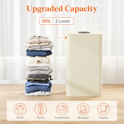 Lifewit 100L Large Laundry Hamper with Lid, Collapsible Laundry Basket with Lid and Reusable Inner Bag, Tall Dirty Clothes Hamper for Laundry Room, Bathroom, Dorm, Bedroom, White