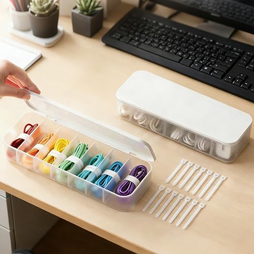 2 Pack Cord Organizer Box with 7 Wire Ties Each – Desktop Cable Management Storage Case with Lid, Charger Cord Organizer for Drawer, Multi-Compartment Power Cord Holder Set for Office Home – White - size: 2pack