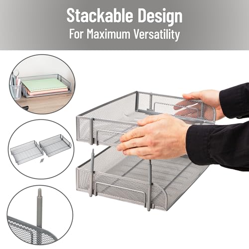 Mind Reader 2-Tier Stackable Paper Tray, Desktop Organizer for Letter-Size Documents, Office File Storage, Metal Mesh, Set of 2, Silver - color: Silver