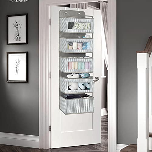 Over the Door Hanging Organizer with 5 Large Pockets - Wall Mount Pantry Storage with Clear PVC Window & 2 Big Metal Hooks for Closet,Bathroom,Nursery,Bedroom,Dorm,Baby Diapers,Kids Toys (Gray) - color: Branch Pattern Grey