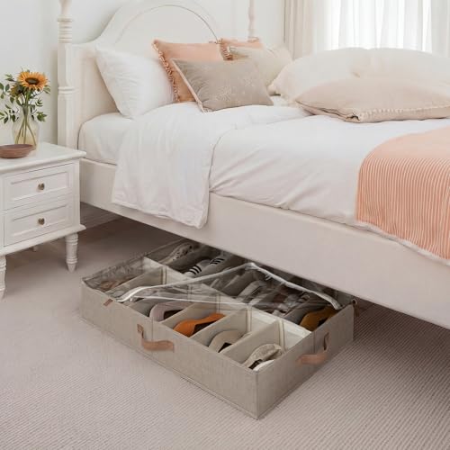 StorageWorks Shoe Organizer for Closet, Fits up to 24 Pairs, 2-Pack Ultra-thick Fabric Under Bed Shoe Storage Containers with Bottom Support and Adjustable Dividers, Taupe - color: Taupe, style: Adjustable Divider