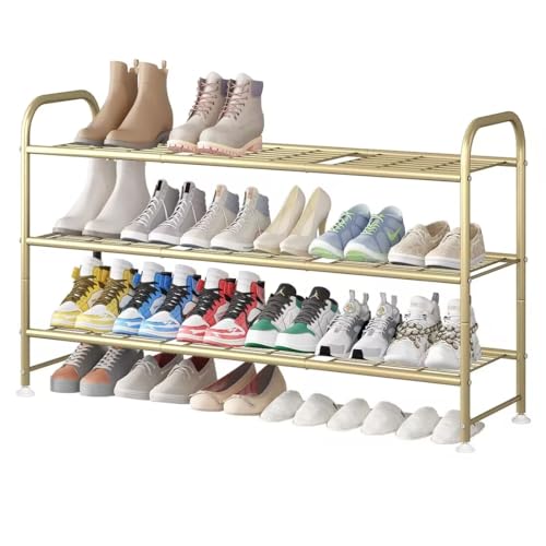 LINZINAR Shoe Rack Long 3 Tier Shoe Storage Organizer Metal Wide Shoe Shelf for Closet Entryway Bedroom 24 Paris Large Capacity, Gold - color: Gold, size: 3-Tier