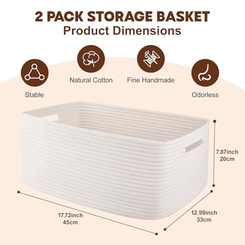 OIAHOMY Storage Basket for Shelves, Closet Cube Storage Bins Baskets for Clothes Blanket Towels, Baby Nursery, Toy Baskets Box, Woven Rope Basket, 17.72 * 12.99 * 7.87 IN, 2 Packs White - color: White, size: 17.72*12.99*7.87