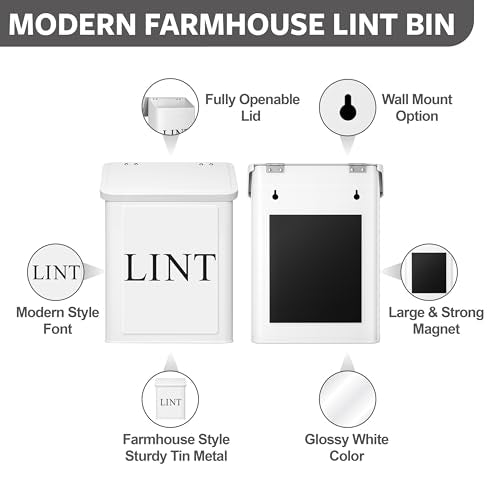 Calindiana Modern Farmhouse Metal Magnetic Lint Bin with Lid and Laundry Room Organization and Storage Wall Mount Space Saving Washer and Dryer Trash Can (White (LINT Brush Set)) - color: WHITE (LINT BRUSH SET)