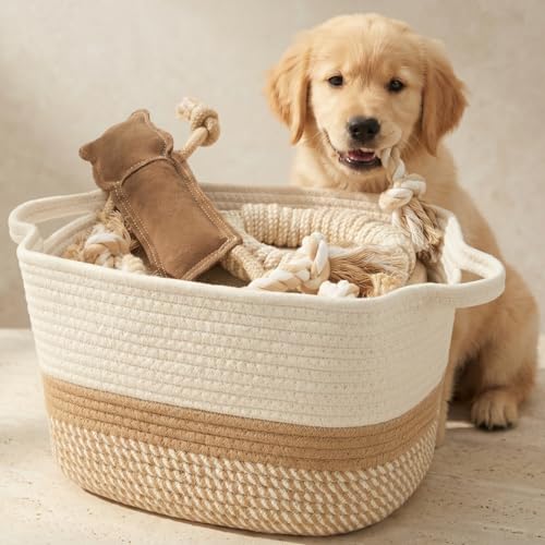 Stylish Cotton Rope Storage Basket For Dog Toys, Magazines or Books - The Perfect Woven Bin with Handles For Everyday Organization Reduces Clutter in Your Rooms - A Decorative Gift & Storage Box - color: Cream-Brown