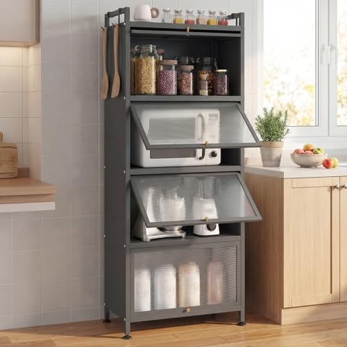 Giantex 5-Tier Kitchen Storage Cabinet, Mobile Microwave Stand with Flip-up PC Doors, Freestanding Kitchen Bakers Rack with 4 Rolling Casters, for Dining Room, Living Room and Study, Grey - color: Grey