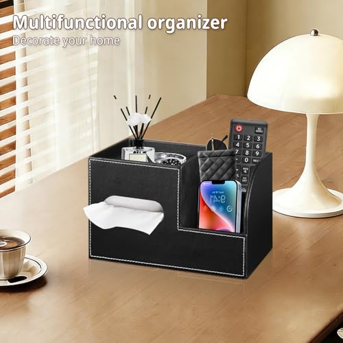 Leather Square Tissue Box Cover with Storage Tray,Cube Tissue Box Holder,Modern Facial Paper Organizer with Remote Control Holder for Bathroom,Vanity Countertop,End Table NightStand Home Office.Black - color: Black