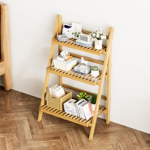 Foldable Ladder Shelf 39.4", Plant Shelf 3 Tier, Bamboo Ladder Flower Pot Display Shelf, Freestanding Ladder Bookshelf for Living Room, Balcony, Yard, Garden, 23.6"W x 15"D x 39.4"H, Natural - color: 3-tier Natural