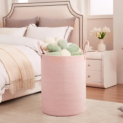80L Extra Large Pink Hamper Laundry Basket for Baby Girls Tall Nursery Hamper for Kids Woven Rope Clothes Basket for Little Girls Room Bedroom Light Pink Kawaii 16"D x 22"H - color: Pink1, size: Extra Large (80L)