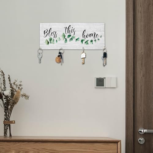 Bless This Home Wooden Key Holder for Wall - 5"x10" Key Organizer Hanger with 4 Hooks for Front Door Hallway Entryway Kitchen - Home Office Decor & Housewarming Gifts Supplies - A01 - color: Bless This Home