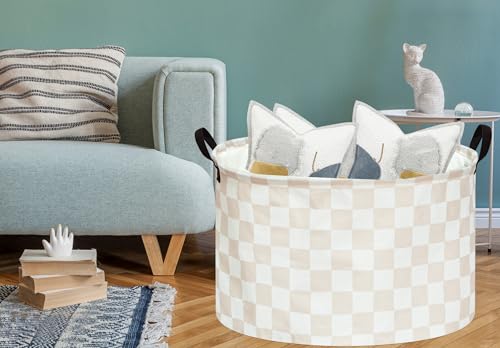 MAIZMZ Checkered Storage Basket Extra Large 80L Kids Hamper Baby Laundry Basket Waterproof Toys Car Organizer Collapsible Canvas for Home/Dorm/Pet/Office/Closet/Shelf/Gift Baskets - color: Cream