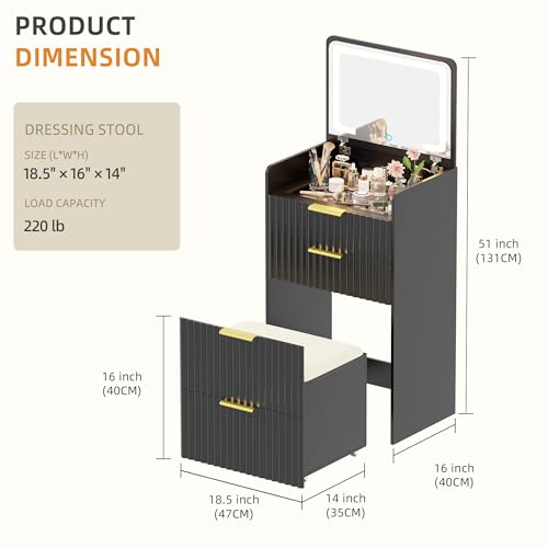Gurexl Fluted Small Vanity Desk with Mirror and Lights, 3-in-1 Compact Makeup Vanity Set with Hidden Storage Stool, Mini Dressing Table with 3 Drawers, Gift for Little Girls/Kids (Black) - color: Black