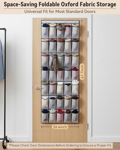 dodowin Over the Door Shoe Organizer Rack, 35 Large Breathable Mesh Pockets, Foldable Hanging Storage Holder for Closet Door, Space Saving Shoe & Accessory Organizer with 4 Metal Hooks, Gray - color: Gray, size: 35 Pockets