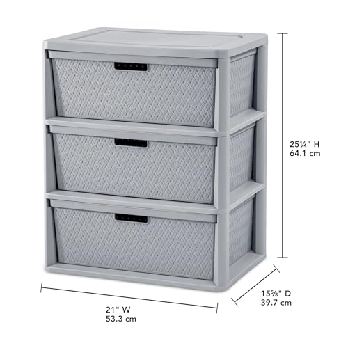 Gray Storage Drawer, 3 Drawer Plastic Weave Wide Tower with Pull Handles - color: Grey