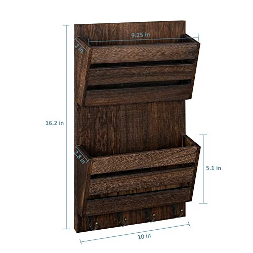 BTY Mail Holder for Wall, Wooden Mail Sorter with 4 Key Hooks, 2 Slot Wall Mounted Mail Sorter Letter Bills Newspaper Magazine Organizer for Entryroom Hallway Office Garage, Rustic Brown - color: Dark Brown