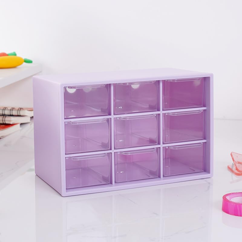 Desk Organizers Box with 9 Compartments – Plastic Desktop Drawer Storage Box, Storing Organizer for Hardware, Beads, Makeup, Office, and Craft Storagew(Purple)
