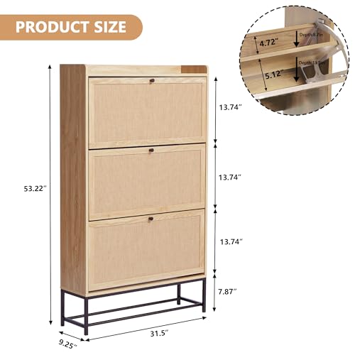 AVZEAR Narrow Shoe Storage Cabinet with 3 Flip Drawers, Freestanding Shoe Organizer Wooden Closed Shoe Rack, Slim Shoe Cabinet Storage for Entryway, Hallway, Living Room (Natural) - color: Natural, size: 3 Drawers