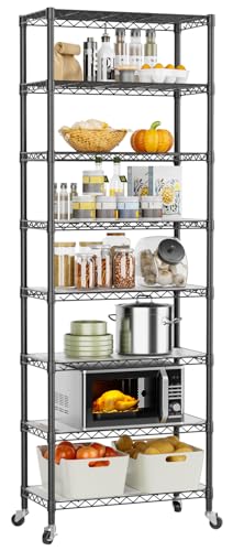 Golpart 8 Tier Shelves Storage Shelf Wire Closet Bathroom Organizers Metal Pantry Kitchen Garage Shelving Unit Laundry Room Organization Home Rack Net Basket Black with Wheels 12”D X 22”W X 74.2”H - color: Black, size: 8 shelves (12 "D X 22 "W X 74.1 "H)
