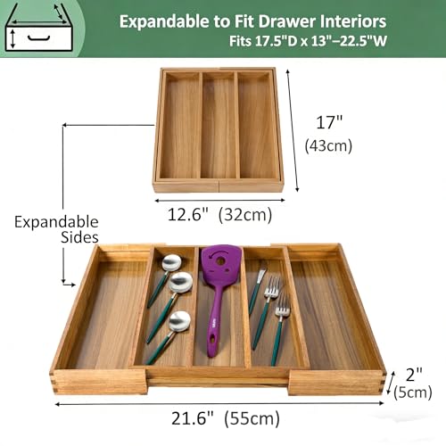 Utoplike Acacia Kitchen Drawer Organizer Expandable, Large Utensils and Cutlery Tray, Adjustable Silverware Divider for Knives Flatware - color: Acacia, size: Large